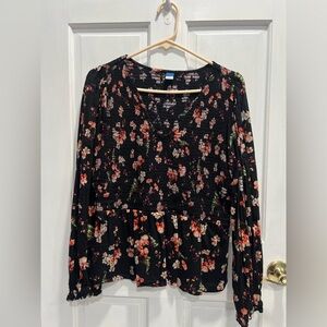 OLD NAVY Black Floral Smocked Peplum Long Sleeve Blouse Top SIZE LARGE Pre Loved